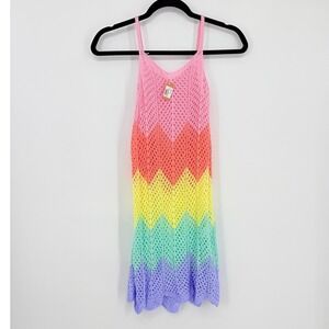 Festival Fairy Boho Rainbow Colorblock Crochet Mini Dress Boho Rave Beach Cover